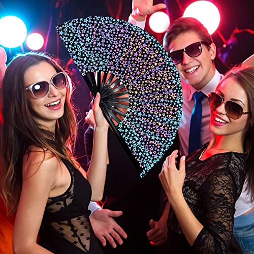 OMyTea Reflective Rave Hand Fan Foldable for Women/Men/Drag Queen - Large Clack Festival Folding Hand Fan - for EDM, Music...