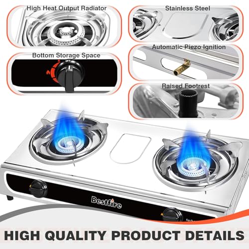 23,000 BTU Portable Dual-Burner Propane Stove with Auto Ignition – Stainless Steel Camping Stove for Outdoor Cooking, Emer...