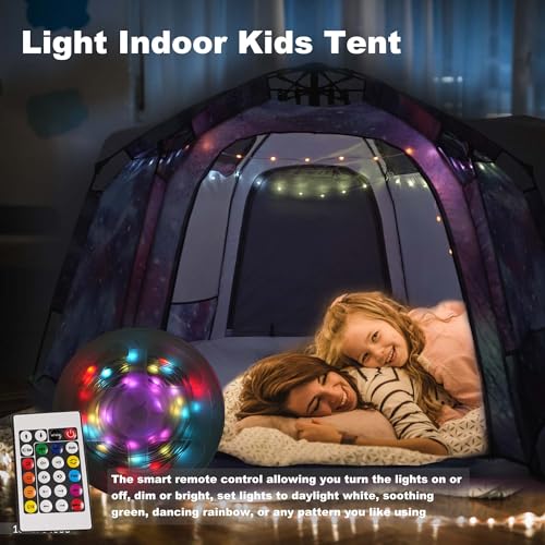 Portable Hexagon Kids Play Tent with LED Strip Lights Indoor Children Play House Easy Set-up Space Large Dream Tent for Ni...