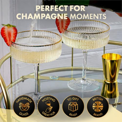 VEMACITY - Ribbed Espresso Martini Glasses Set of 4 with Gold Rims - Vintage Cocktail Glasses for Margaritas, Champagne an...