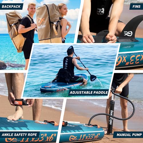 InnoExpo 11' Inflatable Stand Up Paddle Boards with Premium Accessories, Wide Stable SUP Paddle Board Design, Non-Slip Com...