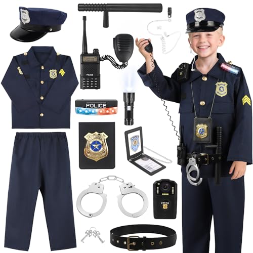 IVENRXIU Police Costume for Kids, Cop Pretend Play Toys for Dress Up, Role Play Set with Handcuffs, Flashlight, Police Bad...