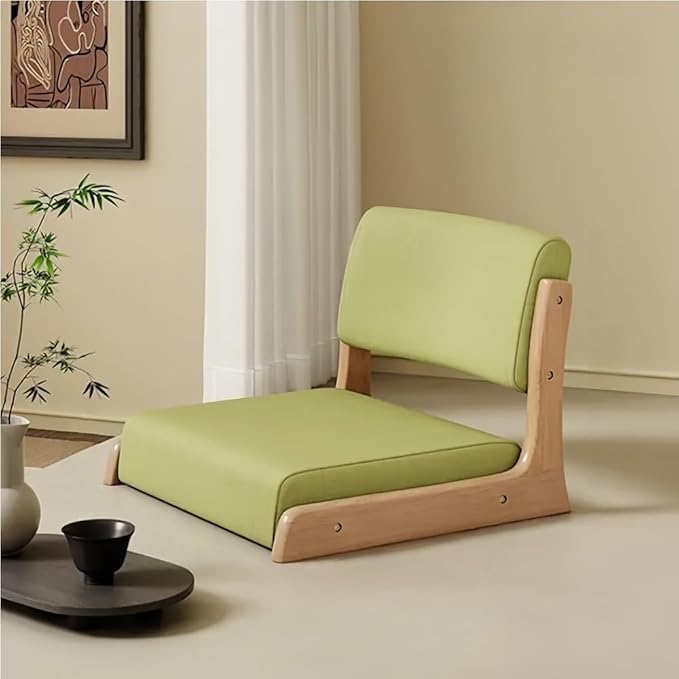 Japanese Style Legless Floor Chair with Back Support, Wooden Tatami Meditation Chair with Cushion, Low Sofa Floor Seat for Living Room, Bedroom, Bay Window(Linen 2)