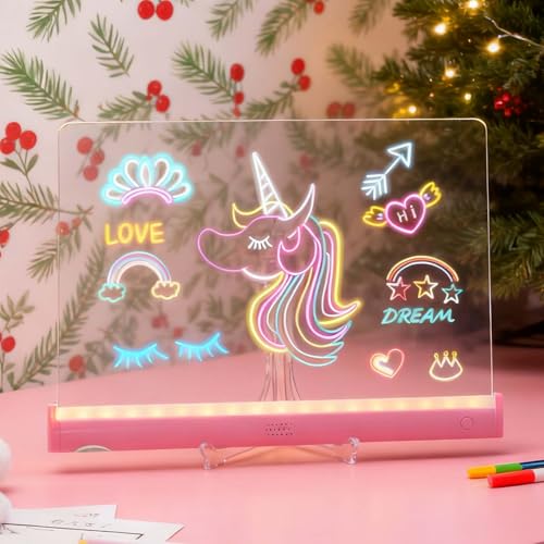 Acrylic Dry Erase Board with Light, LED Note Board with Colors, Magic Sketch LED Board with Stand, Reusable Dry Erase Mess...