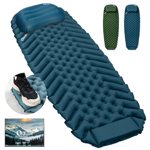 QEZER Ultralight Backpacking Sleeping Pad for Camping, with Inflatable Neck Camping Pillow, Lightweight Inflatable Sleepin...
