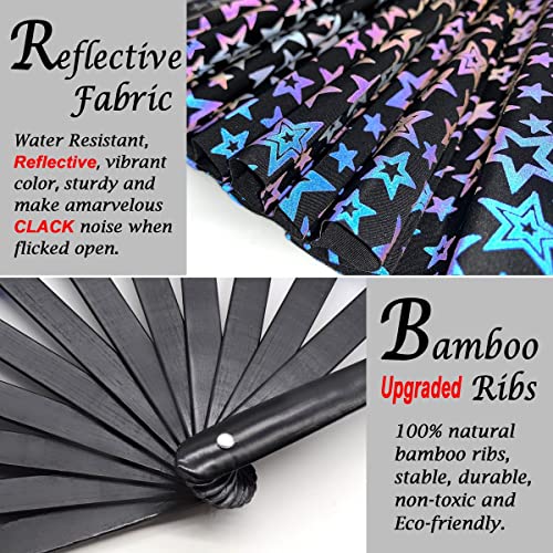OMyTea Reflective Rave Hand Fan Foldable for Women/Men/Drag Queen - Large Clack Festival Folding Hand Fan - for EDM, Music...