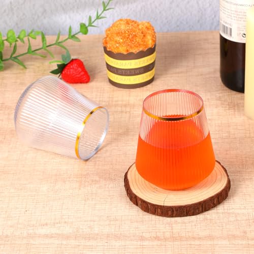 24 Pcs 12oz Clear Plastic Wine Cups with Gold Rim - Elegant Origami Ripple Design, Shatterproof for Whiskey, Cocktail, Cha...