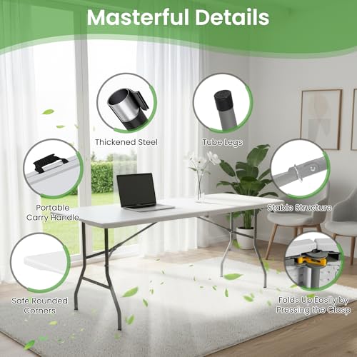 LING RONG Folding Table 6FT Portable Heavy Duty Plastic Table with Carrying Handle Fold-in-Half Utility Foldable Tables fo...