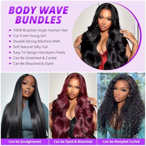12A Human Hair Bundles 16 18 20 Inch Body Wave Bundles Human Hair 100% Unprocessed Brazilian Virgin Weave 3 Bundle for Women Natural Black Wet and Wavy Human Hair Extensions