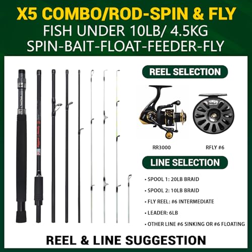 Rigged & Ready X Series Travel Fishing Rods. 6 Super Compact, Multi-Functional, Portable, Spinning, Bass, Carp, Lure, Floa...