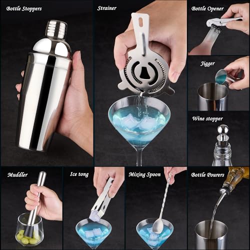 Cocktail Shaker Set Bartender Kit : 15-Piece Stainless Steel Bartender Kit with Acrylic Stand Bars Set with All Practical ...