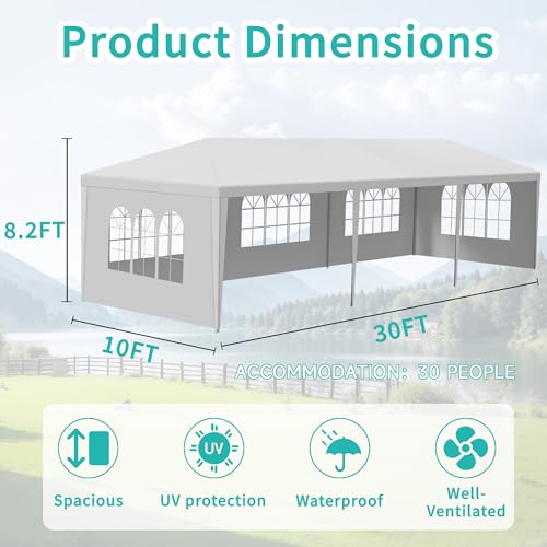 10' x 30' White Canopy Tent with 5 Removable Sidewalls, Outdoor Patio Gazebo with Transparent Windows, Shade Shelter Tents...