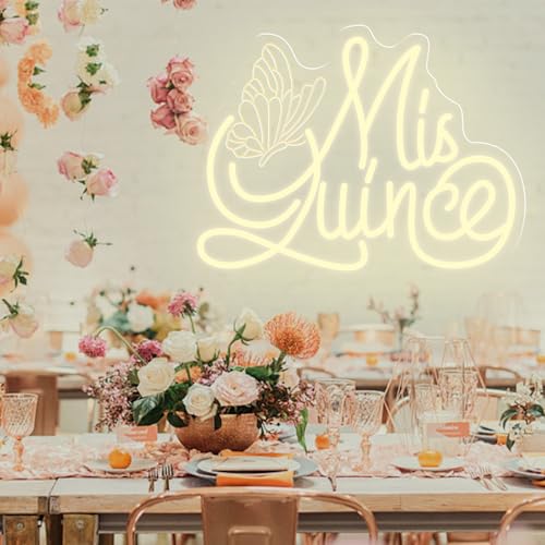 Mis Quince Neon Sign with Engraved Butterfly Design, Warm White Dimmable LED Light for Quinceañera Decorations, Sweet 15 B...