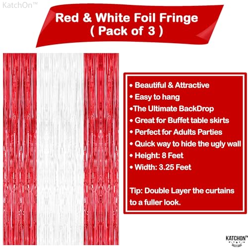 KatchOn, Red and White Streamers - 3.2x8 Ft, Pack of 3 | Red and White Fringe Curtain for Valentines Day Decorations | Fri...