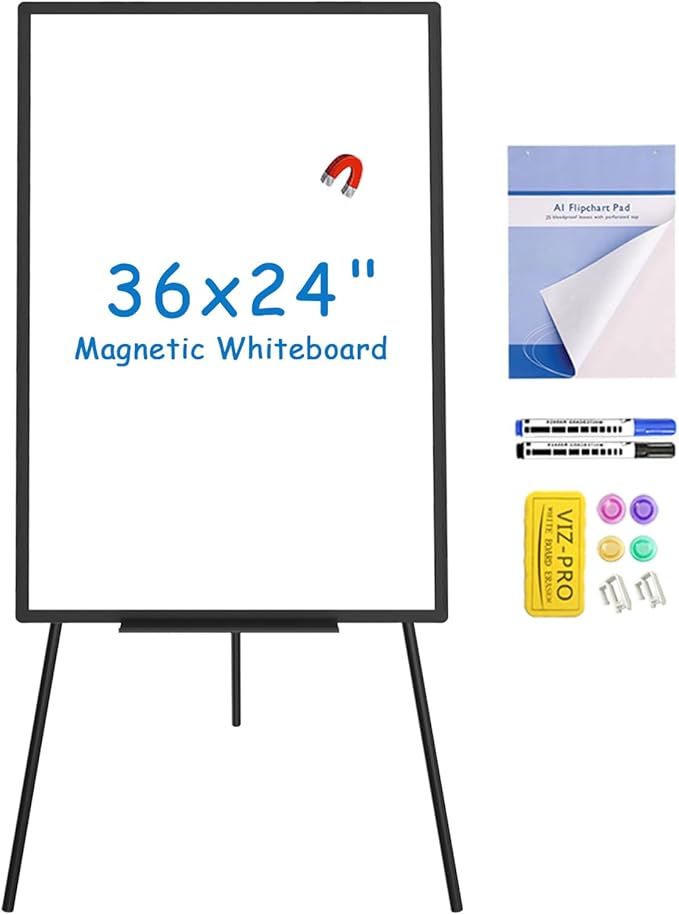 VIZ-PRO Magnetic Whiteboard Easel Black, 36 x 24 Inches, Portable Dry Erase Board Height Adjustable for School Office and ...
