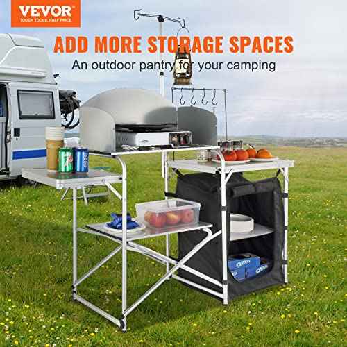 VEVOR Camping Kitchen Table, Folding Outdoor Cooking Table with Storage Carrying Bag, Aluminum Cook Station 1 Cupboard & Detachable Windscreen, Quick Set-up for Picnics, BBQ, RV Traveling, Black