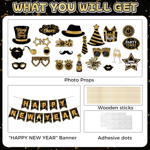 Happy New Years Banner Photo Booth Props 2026 Kits- New Years Decorations Party Suplies Decor Funny Cute Holiday Selfie Su...