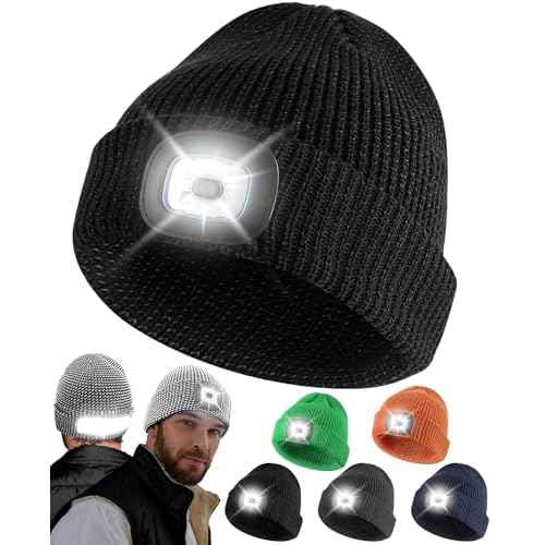 Babalet Beanie Hat with Light, Rechargeable LED Reflective Knitted Headlamp Caps, Warm Winter Gifts for Men Women