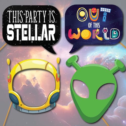 Space Photo Booth Props - 41-pc Photobooth Kit with 8 x 10-Inch Sign, 60 Adhesive Pads, 45 Sticks - Space Party Decor - Sp...