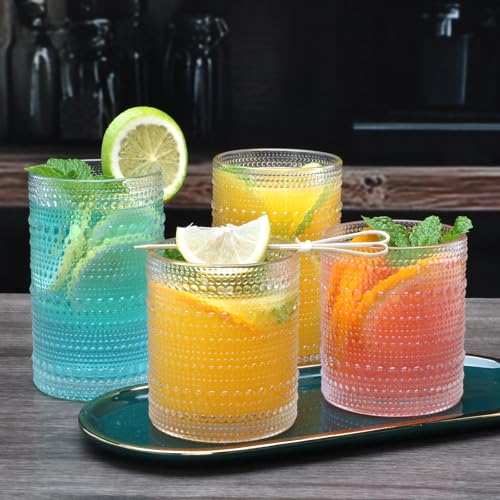 Hobnail Drinking Glasses Set of 12,12 oz Highball Glasses & 10 oz Cocktail Glasses,Clear Embossed Glass Cups,Kitchen Water...