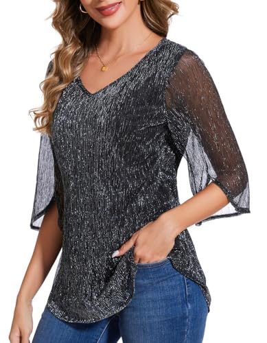 BILIKE JOMEX Women's 3/4 Sleeve Glitter Blouses Dressy Sparkly Double Layers Mesh Tops