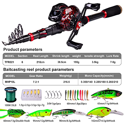 Fishing Rod and Reel Combo, 6.9ft Carbon Fiber Telescopic Fishing Pole with Spinning/Baitcasting Reel Combos, Sea Saltwate...