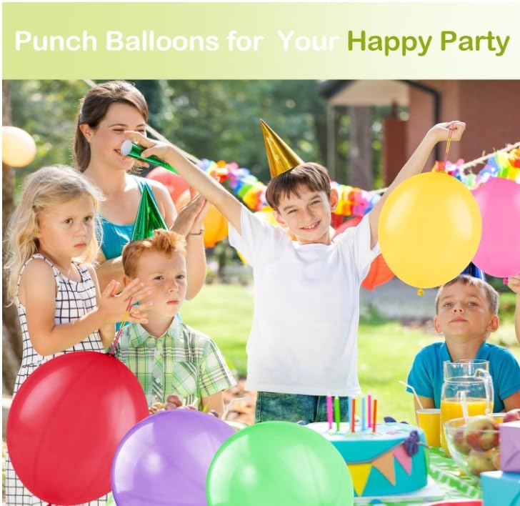 30pcs Punch Balloons for Kids, Thickened Neon Punching Balloon, Large Heavy Duty Balloons with Rubber Band Handle for Birt...