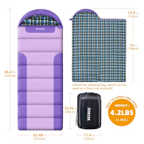 Cotton Flannel Lined Sleeping Bag for Adults Teens Kids, Cold Weather &Warm, 3 Seasons, Lightweight Compact Camping Essent...