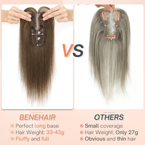 Benehair Hair Toppers for Women Real Human Hair 360¡Æ3D Clip in Bangs Toppers with Bang for Thinning 150% Density Hairpieces Lace Base Long Coverage Wiglet for Daily Use #02 Dark Brown 8Inch