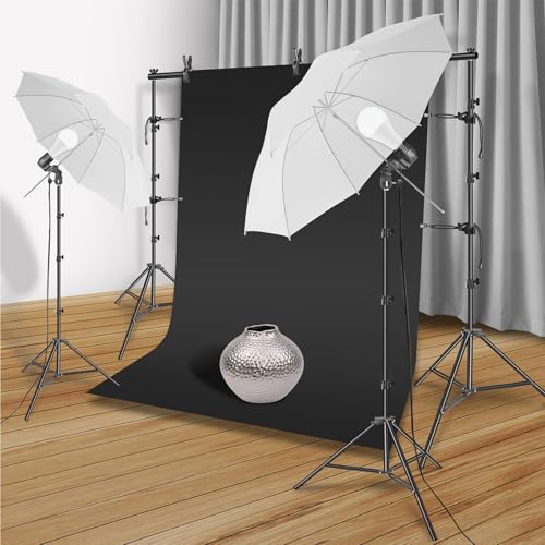 HYJ-INC Photography Umbrella Lighting Kit With 85w Led bulb,Muslin Backdrop (White Black), Backdrop, Clips Clamp,8.5*10ft ...