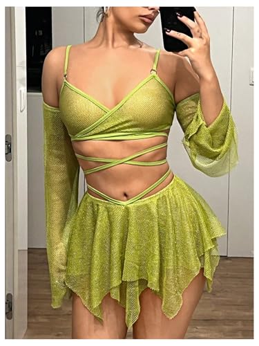 OYOANGLE Women's 2 Piece Mesh Sheer Criss Cross Crop Top and Asymmetrical Mini Skirt Party Rave Outfits