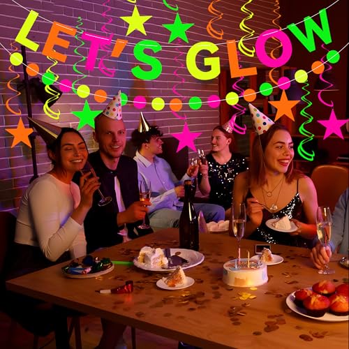 Neon Party Supplies includes Let's Glow Banner Star Hanging Swirls Circle Dot Garland Glow in The Dark Party Hanging Decor...