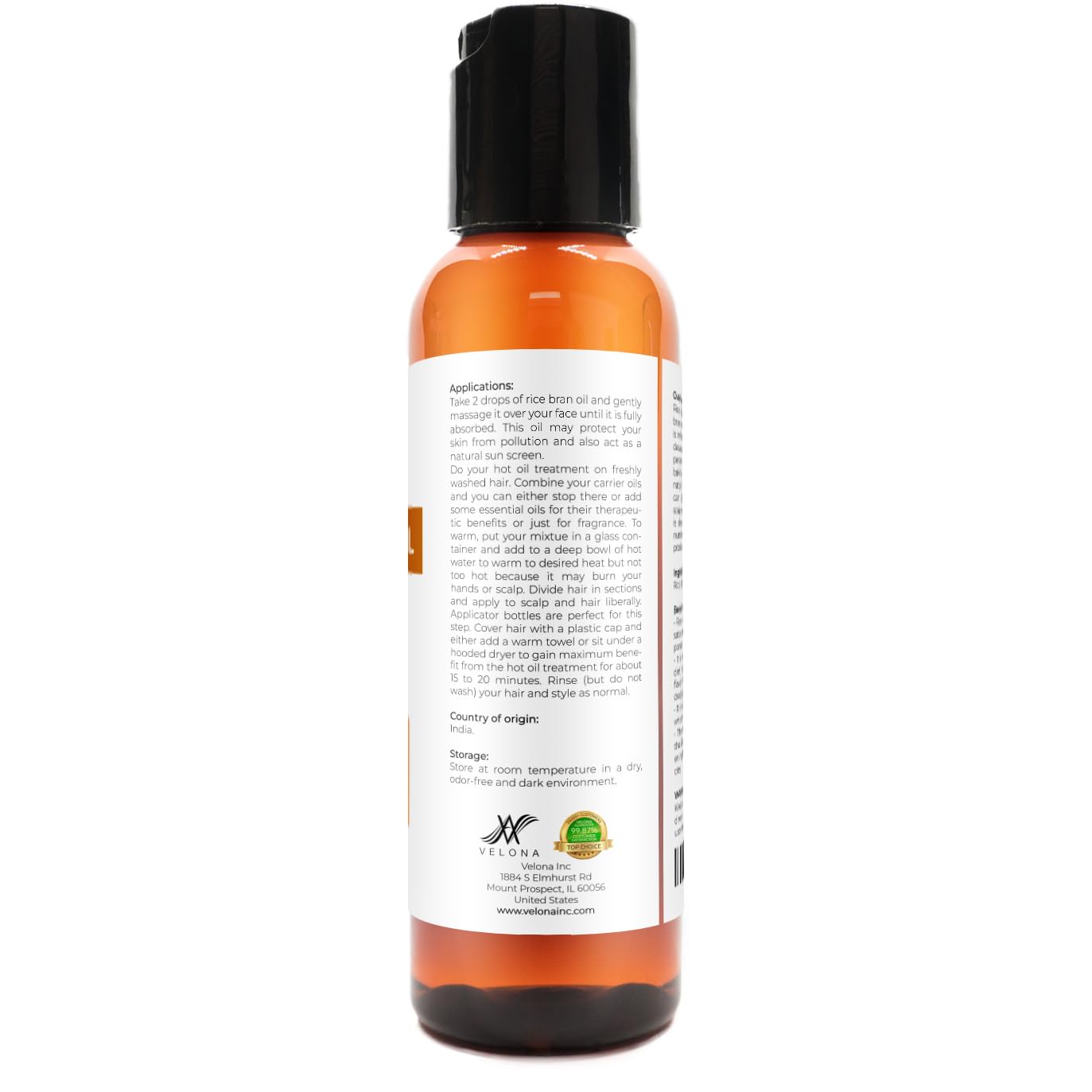 Rice Bran Oil by Velona - 2 Fl Oz | 100% Pure and Natural Carrier Oil | Refined, Cold Pressed | Cooking, Face, Hair, Body & Skin