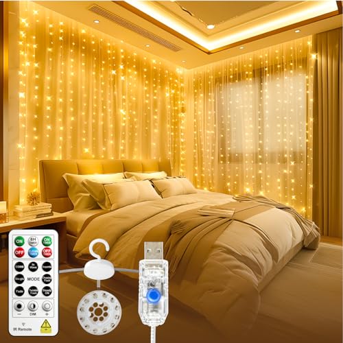 HXWEIYE 300LED Untangled Curtain Lights, 9.8x9.8Ft USB Fairy Twinkle String Lights with Remote and DIY Timer, 8 Modes Wind...