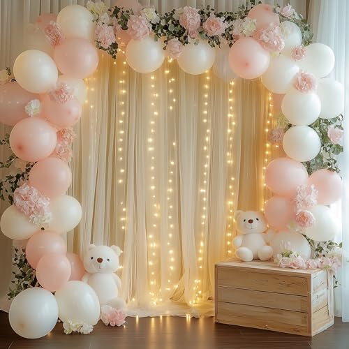 Fomcet Champagne Backdrop Curtains with Lights String 10X10FT Polyester Fabric & Tulle Curtains Backdrop Drapes for Back D...