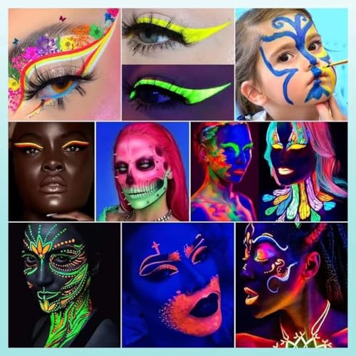 Glow in The Dark Glitter Gel with UV Neon Liquid Eyeliner Pen Set, Face Painting Makeup Kit, Christmas Mardi Gras Valentin...