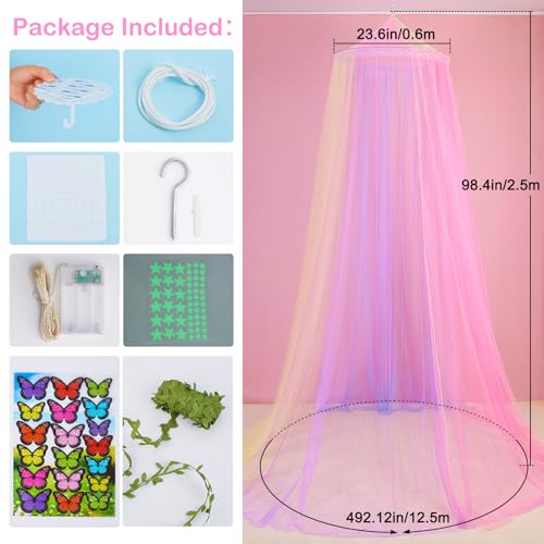 FIOBEE Bed Canopy for Girls Room Bed Canopy Curtains with Led Lights Mosquito Net DIY Princess Room Décor with Stars Butte...