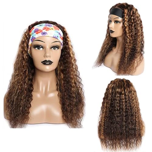 Ombre Deep Wave Headband Wig Human Hair #4/27 Curly Headband Wigs for Black Women Human Hair Glueless None Lace Front Wigs Brazilian Virgin Hair Wig Machine Made 150% Density 20 Inch
