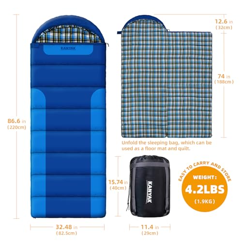 Cotton Flannel Lined Sleeping Bag for Adults Teens Kids, Cold Weather &Warm, 3 Seasons, Lightweight Compact Camping Essent...