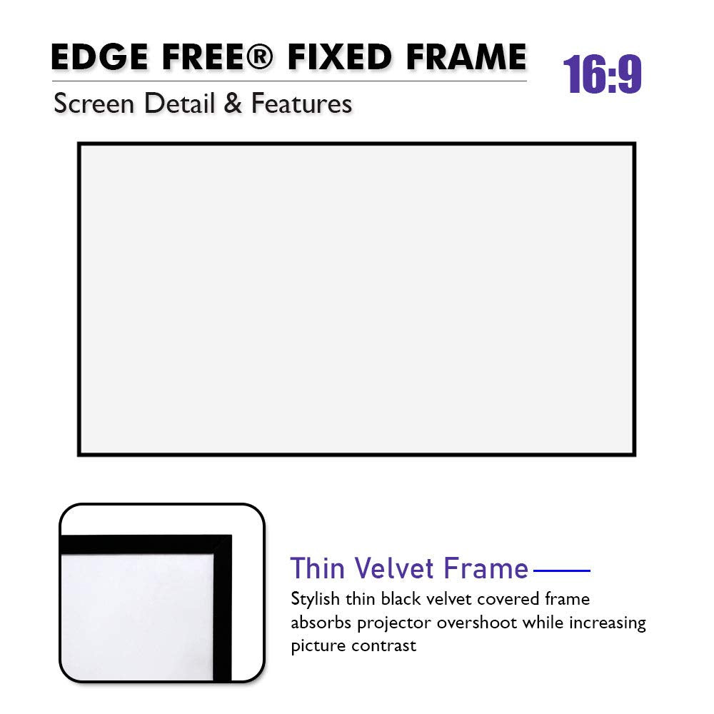 Akia Screens 100 Inch Edge Free Fixed Frame Projector Screen 16:9 – CineWhite UHD-B 1.3 Gain – 8K 4K Ultra HD 3D Ready – Indoor Home Theater Wall Mount Screen AK-NB100H1