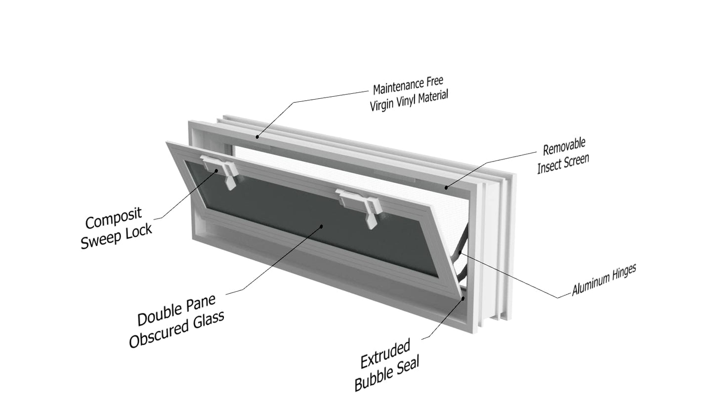 2408 Hopper Vent Window for Glass Blocks, Sheds, Cabins, Tiny Homes, Garages