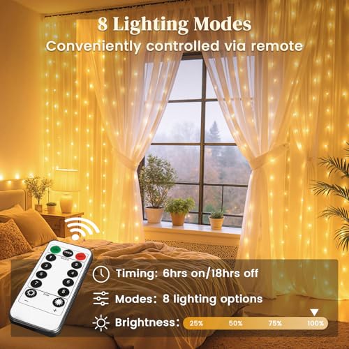 DomeStar 300 LED Curtain Lights for Bedroom, 9.8 x 9.8 FT Battery Operated Christmas Fairy Lights with 8 Modes Remote Chri...