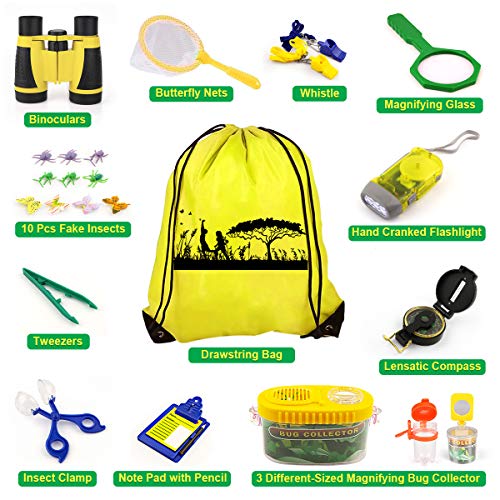 24 Pcs Kids Explorer Kit & Bug Catcher Kit for Kids, Outdoor Toys Adventure Camping Kit with Drawstring Bag, Binoculars, C...