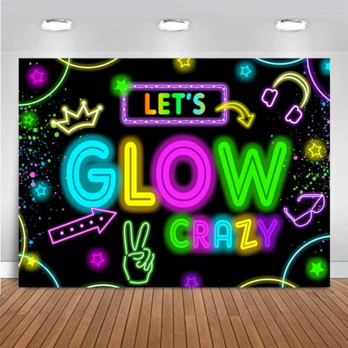 Wollmix Neon Glow Party Decorations Supplies Backdrop 10x7ft Glow in The Dark Let’s Glow Banner Photography Background Bir...