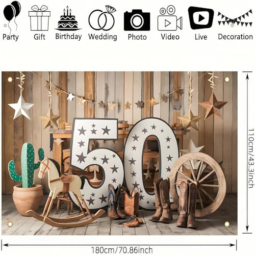 MOXDBT 50th Birthday Western Cowboy Backdrop Banner - Rustic Wild West Theme Polyester Photo Background for Party Decor, 7...
