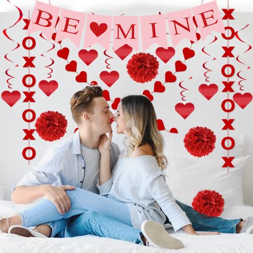 21Pcs Valentines Day Decorations Valentines Day Decor Pre-Assembled Hanging Heart Swirls BE Mine Love Heart XO Garlands Ba...