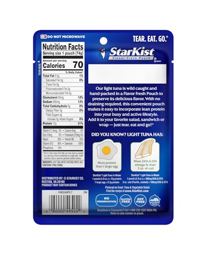 StarKist Chunk Light Tuna in Water, 2.6 oz Pouch (24 Pack) Ready to Eat Wild Caught Tuna, 17g Protein, 70 Calories Per Ser...