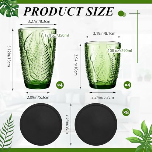 Ferrochef Green Drinking Glasses Set of 8 with Coasters 10 &12 oz Vintage Fern Leaves Textured Green Glass Cups Boho Aesth...