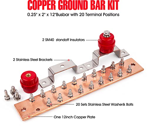 Copper Ground Bar Kit - .25" x 2" x 12" Busbar with 20 Terminal Positions