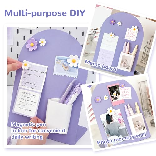 Desk Magnetic Message Board, Metal Bulletin/Memo Board with Magnetic Pen Holder and Flower Pins with Stand, Souvenir/Photo...